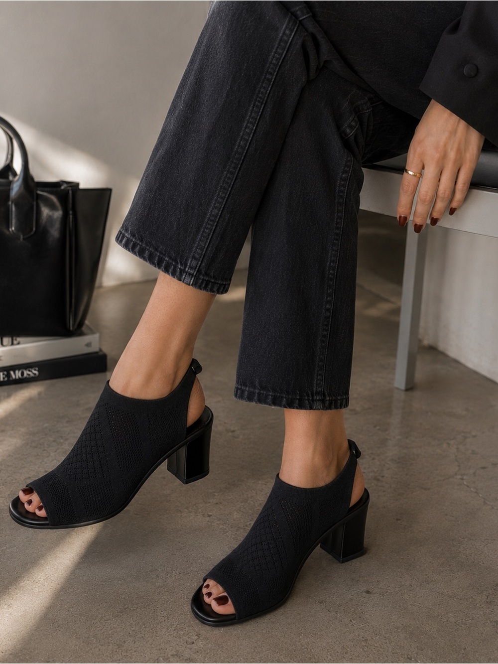 Impo Stretch Knit Peep Toe Slingback Heels Black Size 8